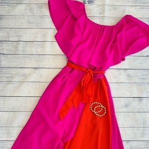Pink & Red Color block dress, off shoulder